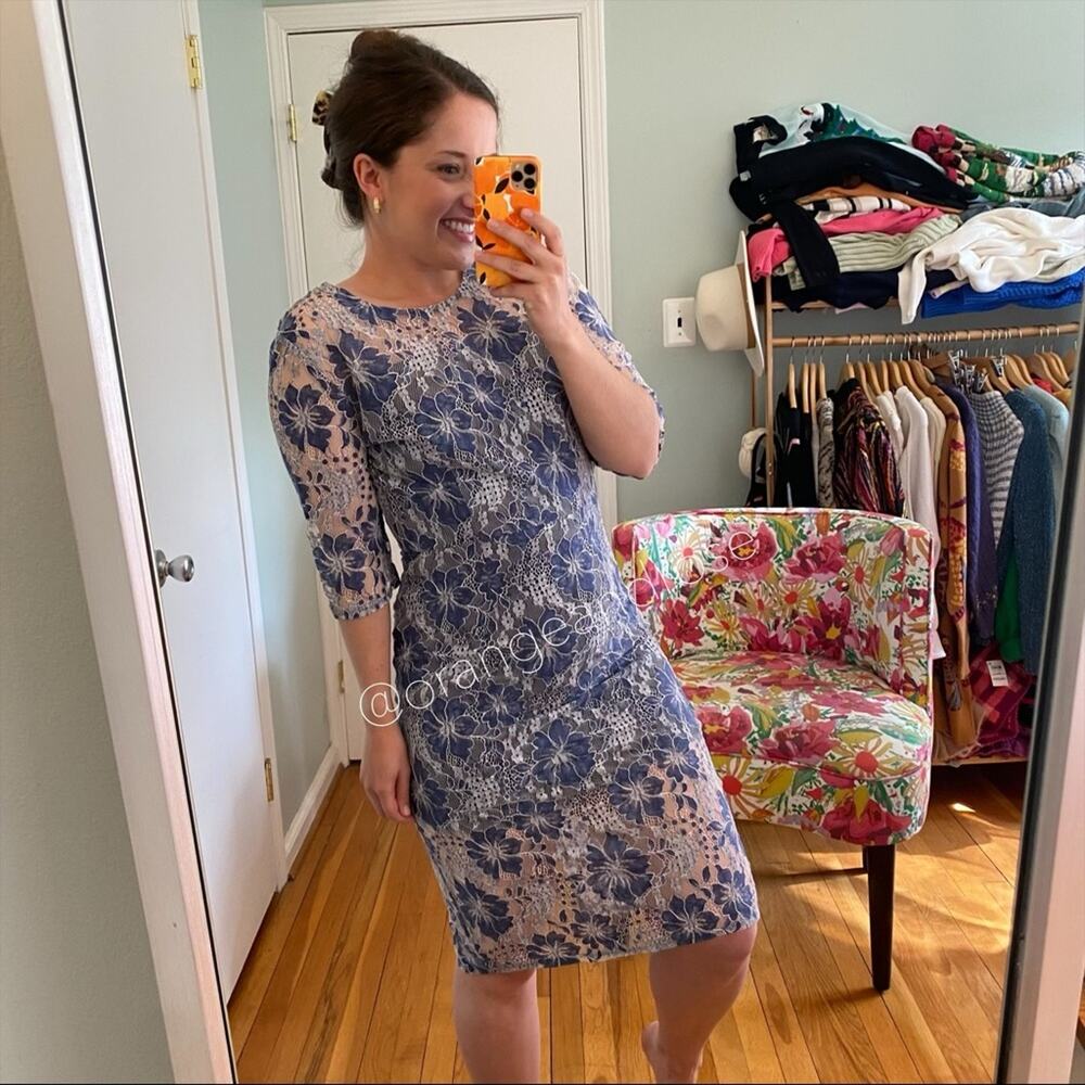 NWT VONE Antropologie Blue White Floral Lace Mini Dress Small - Picture 2 of 14